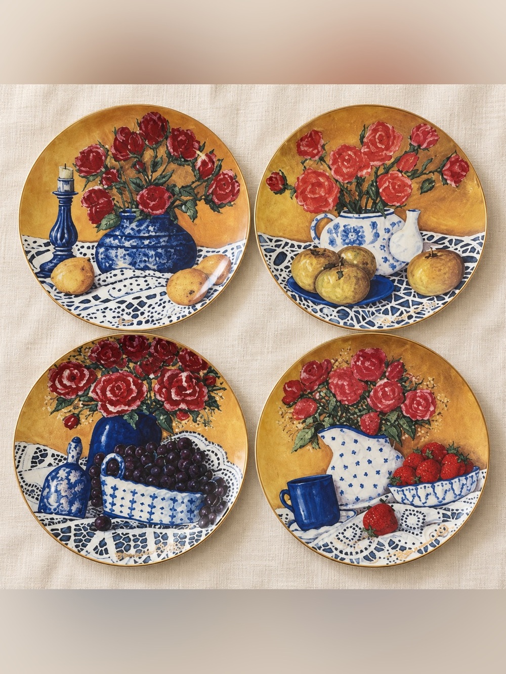 Bonnie Collins Porcelain & Lace Floral Rose Collector Plates Set of 4